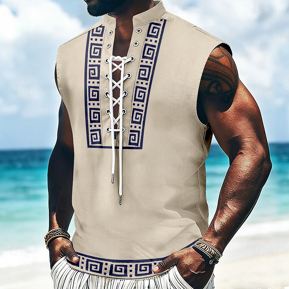 Per uomo Geometrico Etnico Chiave greca Canotta Camicia da pirata con lacci Camicia con colletto alla coreana Senza Maniche Vintage Retrò Casual Quotidiano Vacanza al Mare Estate Primavera Collo alla del 2026 a $25.99 –P4