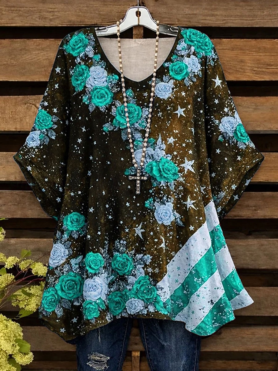 Giorno dell'Indipendenza Americana Per donna Camicia Blusa Stampato Floreale Grafico Bandiera Vintage Quotidiano Elegante Manica Lunga Girocollo Scollo a V Top lunghi Quotidiano Uscire Rosso Viola del 2026 a $27.99 –P3