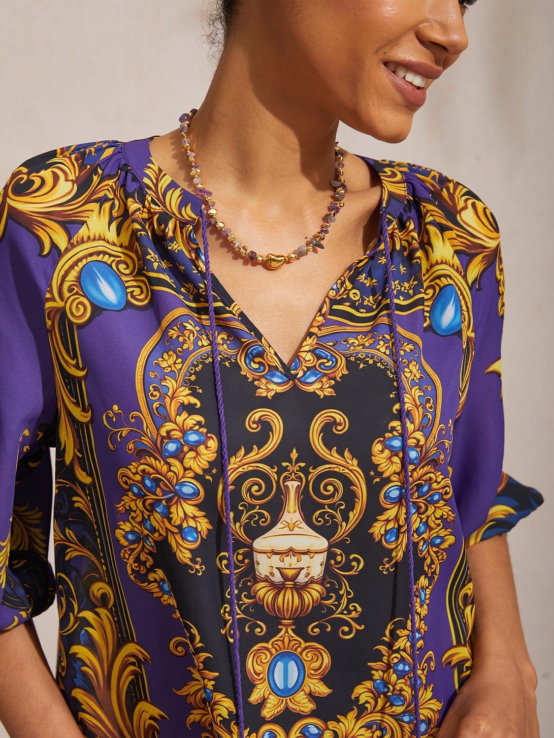 Топ из барочного шифона темно-синего цвета с рукавами 3/4 2026 - $67.99 –P5