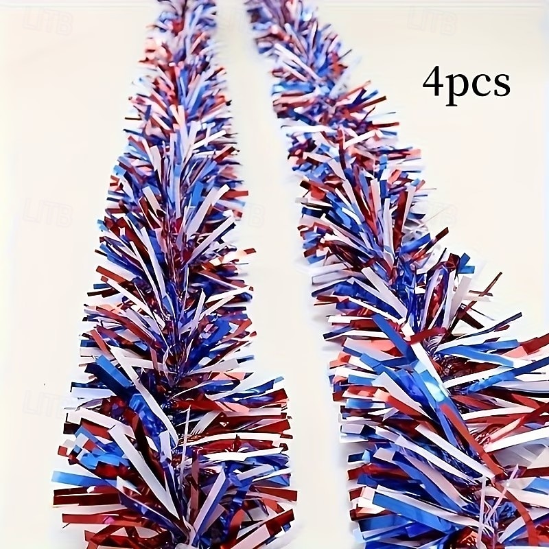 4Pcs Patriotic Tinsel Garland Red White Blue Foil Streamers 78.7in Metallic Fringe Decorations for 4th of July Independence Day Memorial Day Labor Day American Flag Theme Party Decor Durable Plastic 2026 - $15.99 –P1