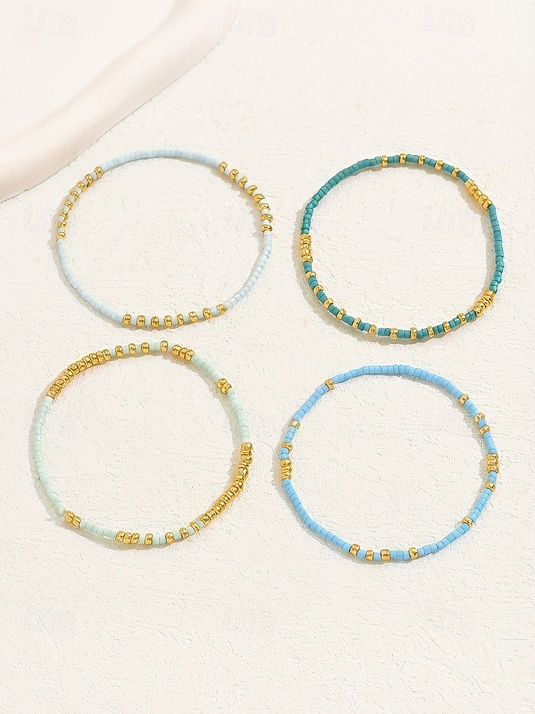 Női bohém rugalmas gyöngyös karkötő szett, 4 karkötő, gyöngyös kivitelben arany díszítéssel, tökéletes tengerparti nyaraláshoz és mindennapi viseletre 2026 - $7.99 –P6