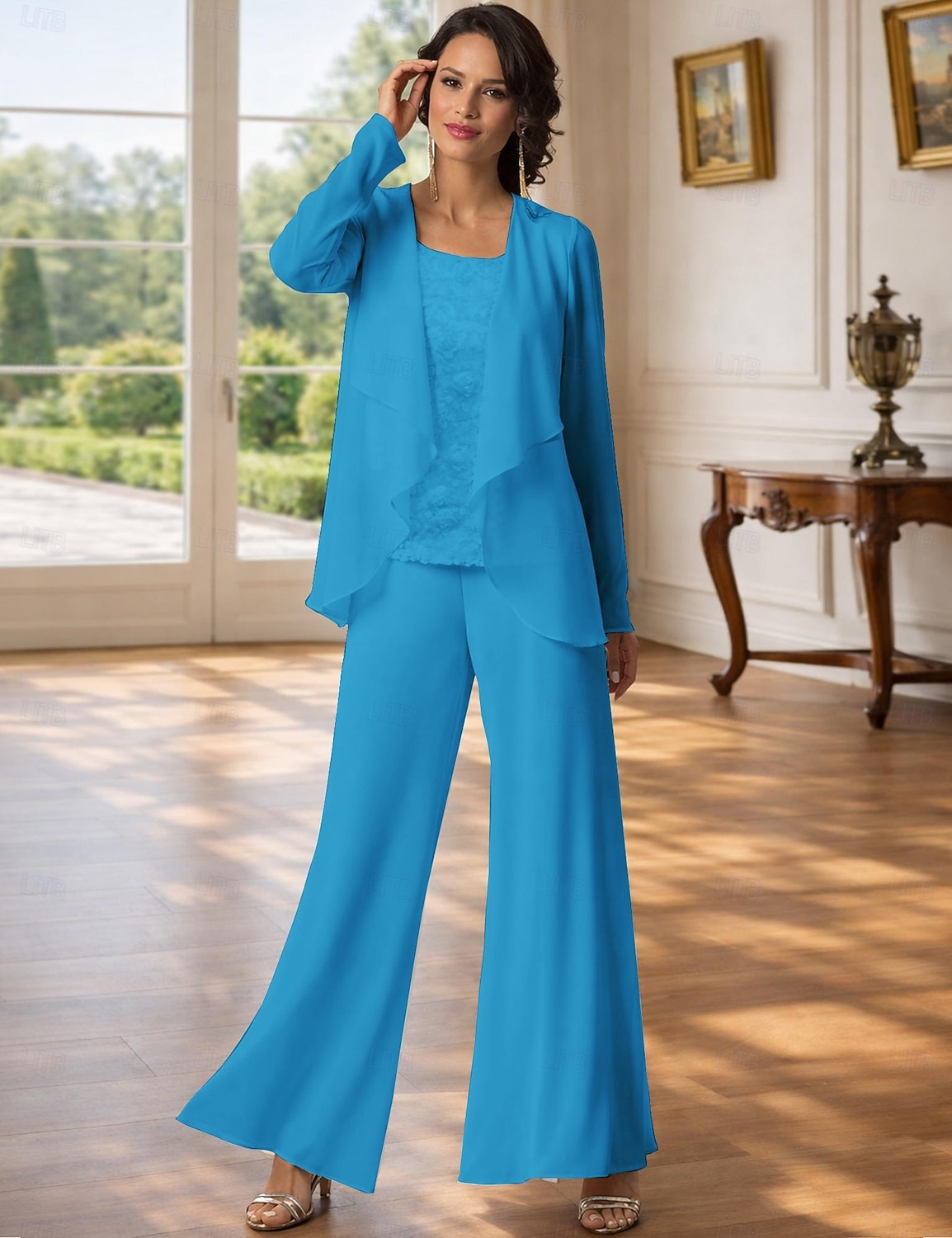 Traje de pantalón Traje de 3 piezas Hasta el Suelo Vestido de Madrina Sin Mangas Barco de cuello Elegante Talla Grande Bolero incluido Formal Invitado a la boda Gasa con Encaje 2026 - $126.99 –P18