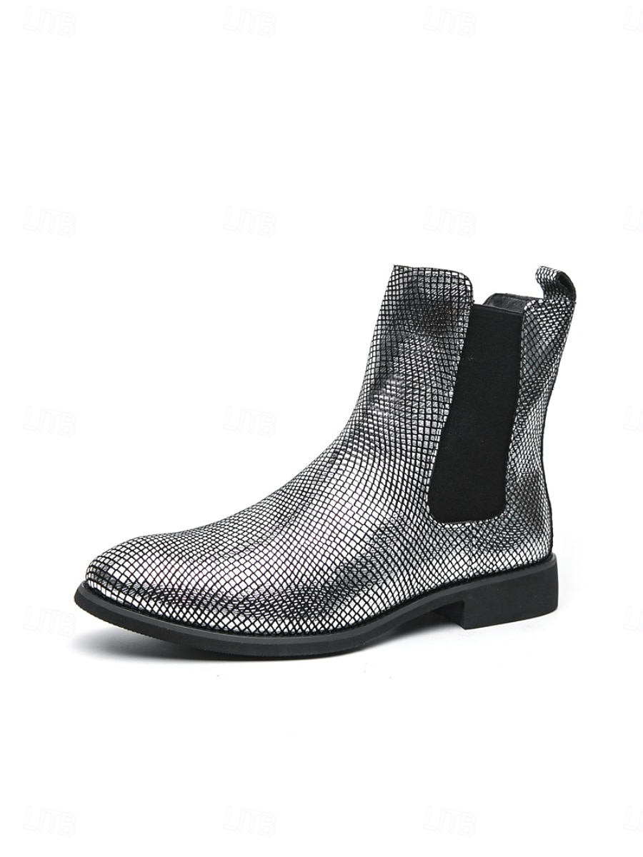 Metallic zilveren Chelsea boots voor heren met spitse neus, modieuze enkellaarsjes voor muziekfestivals, podiumoptredens, concerten, feestjes, streetstyle en opvallende mode-looks. 2026 - $59.99 –P5
