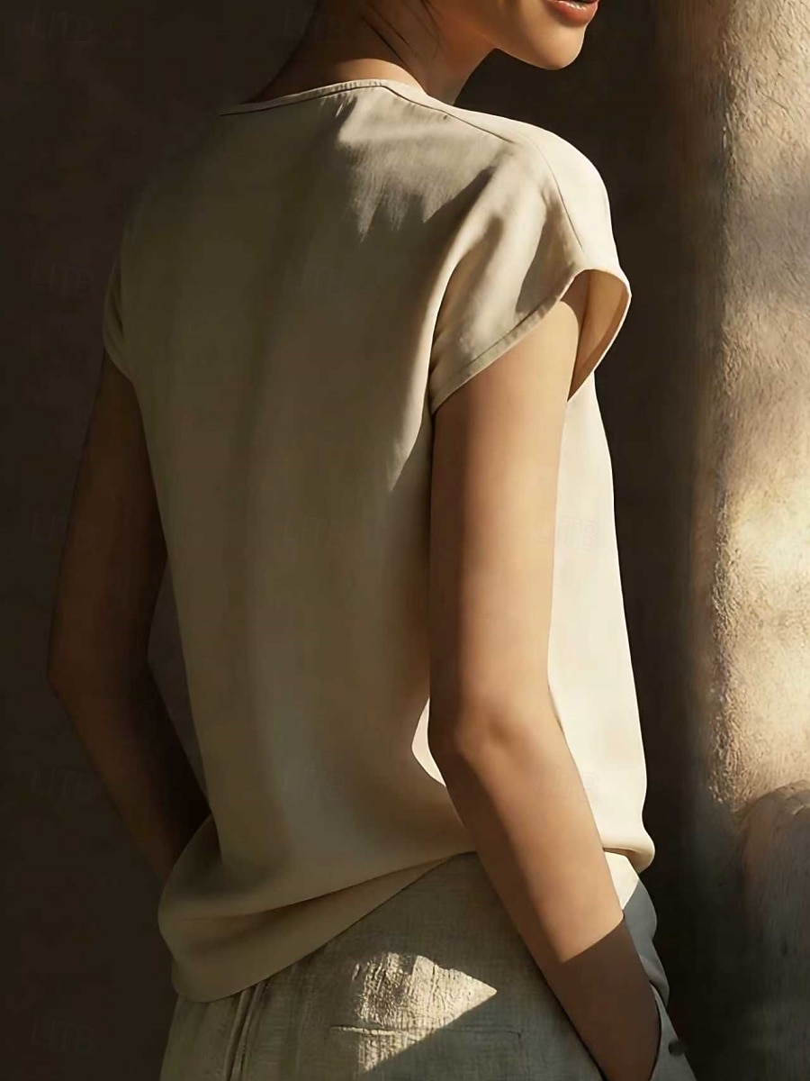 Women's T Shirt Cotton Linen T Shirt Faux Cotton Linen Tee Top Patchwork Plain Classic Casual Short Sleeve V Neck Regular Tops Daily Going out Weekend Sky Blue Apricot Gray Summer Spring 2026 - $24.99 –P4