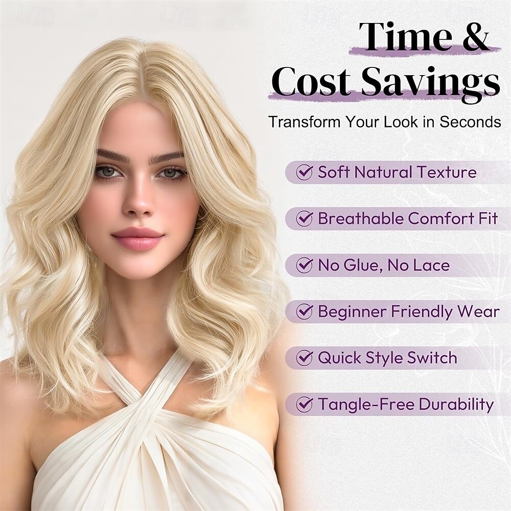 2026年 ショートウェーブブロンドウィッグ - 肩までの長さのウェーブブロンドウィッグ（女性用） - 顔周りを縁取るカーテンバング付きの、柔らかく自然な見た目の合成繊維を使用した、ゆるやかなウェーブのレイヤードショートウィッグ（デイリーパーティー用）  コレクション – $30.99 –P3