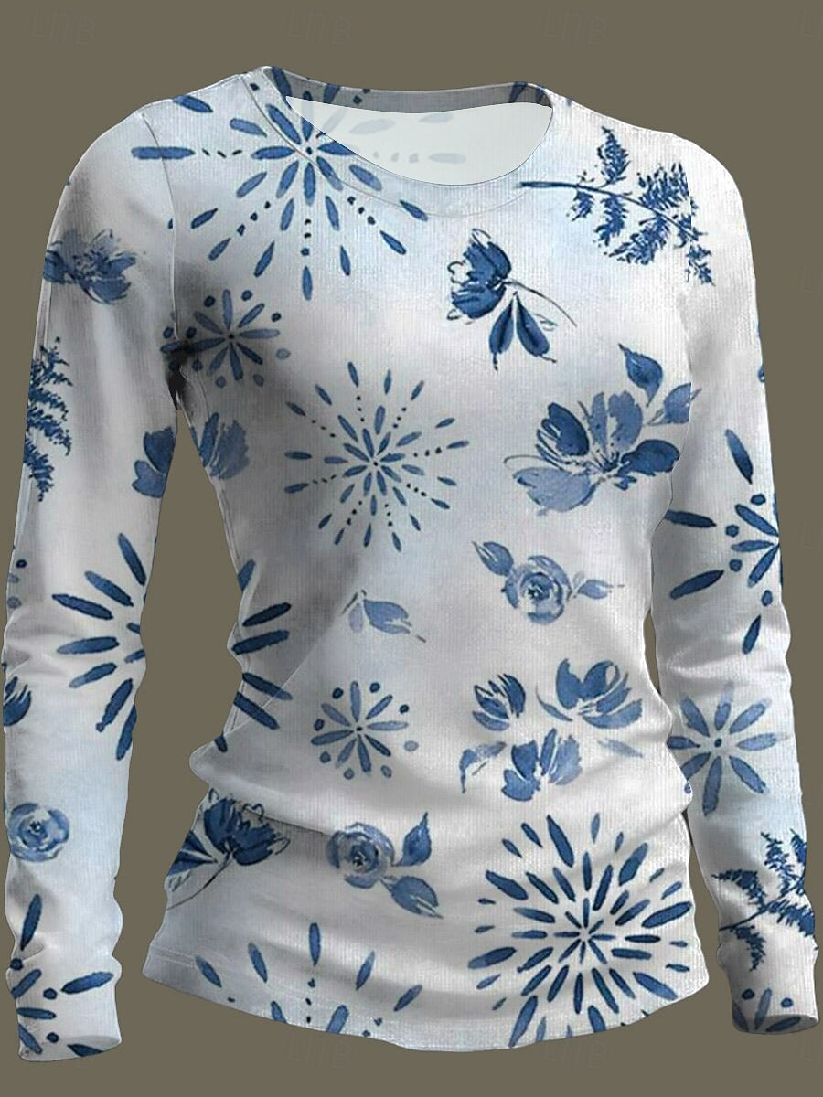 Women's T Shirt Print Floral Graphic Plants Fashion Classic Casual Long Sleeve Crew Neck Regular Tops Daily Weekend Blue Red Green Summer Spring 2026 - $24.99 –P2