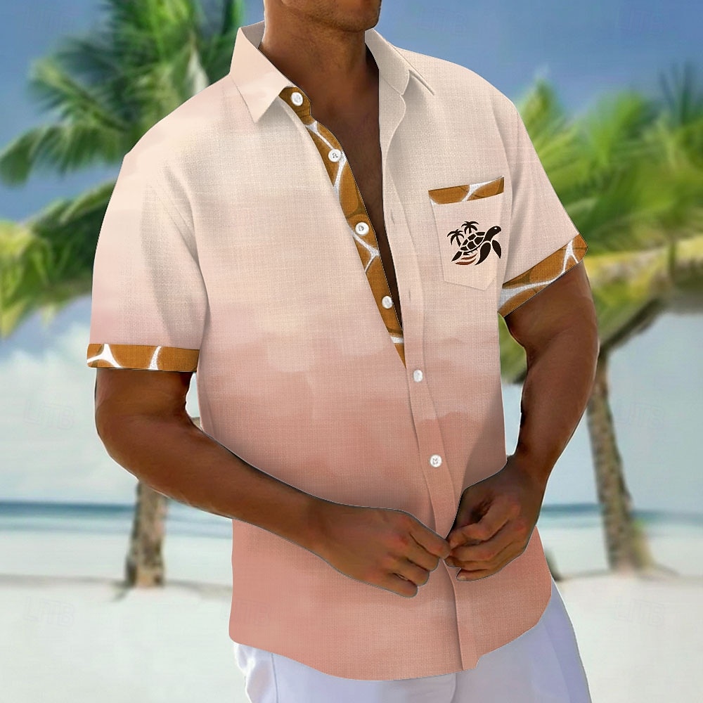 Men's Gradient Color Turtle Sea Creatures Shirt Hawaiian Shirt Aloha Shirt Short Sleeve Hawaiian Vacation Holiday Summer Turndown 3D Print Front One Pocket Linen Like Shirt Blue Teal Pink Green 2026 - $25.99 –P2