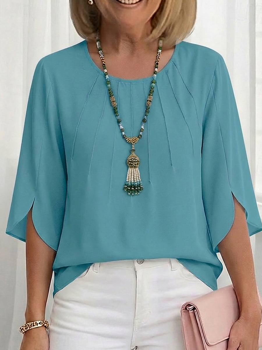 Dames Blouse Chiffon-topjes Met ruches Effen Klassiek Modern Casual Halve mouw Strakke ronde hals Normale tops Dagelijks Buiten Feestdagen Wit Lichtgroen Smaragdgroen Rose Roze Licht Blauw Zomer Lente 2026 - $21.99 –P5