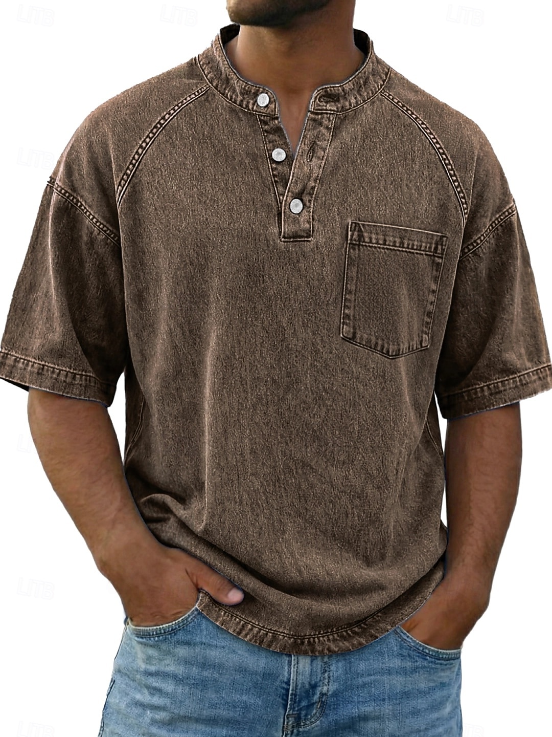 Bărbați Tricou Cămașă Demin Cămașă de spălat cu acid 100% bumbac Manșon scurt Guler de stand Henley Toamna iarna Primăvară Toamnă Simplu Epocă Șic Stradă Casual Buzunar Vopsit în haine Spălat Casual 2026 - $31.99 –P10
