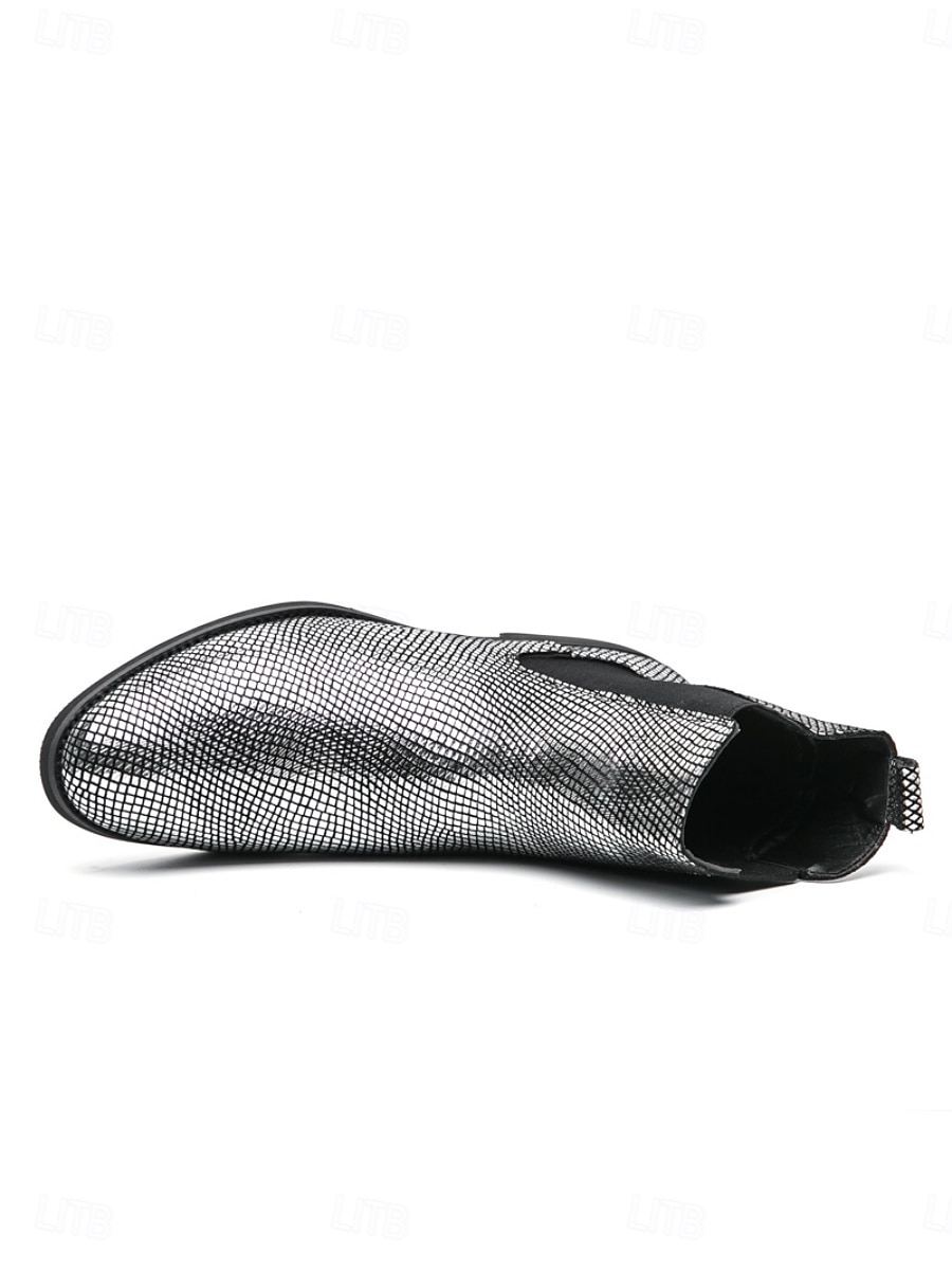 Metallic zilveren Chelsea boots voor heren met spitse neus, modieuze enkellaarsjes voor muziekfestivals, podiumoptredens, concerten, feestjes, streetstyle en opvallende mode-looks. 2026 - $59.99 –P8