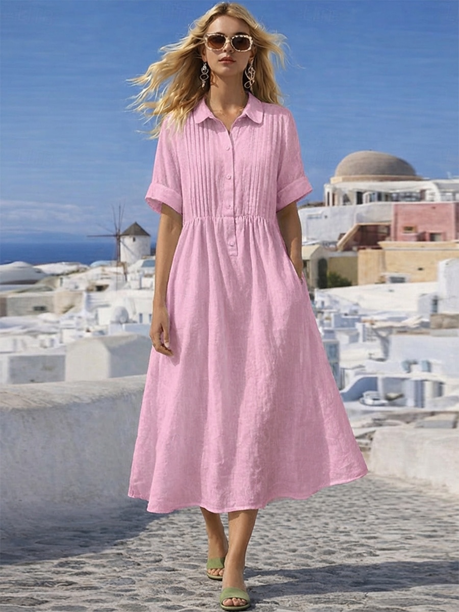 Mujer Vestido Midi Vestidos con tacto de lino Vestido de Camisa Vestido Kaftan Moda Moderno Diario Exterior Vacaciones Ajuste regular Plano Manga Corta Cuello Camisero Azul Piscina Blanco Rosa Rojo 2026 - $33.99 –P9
