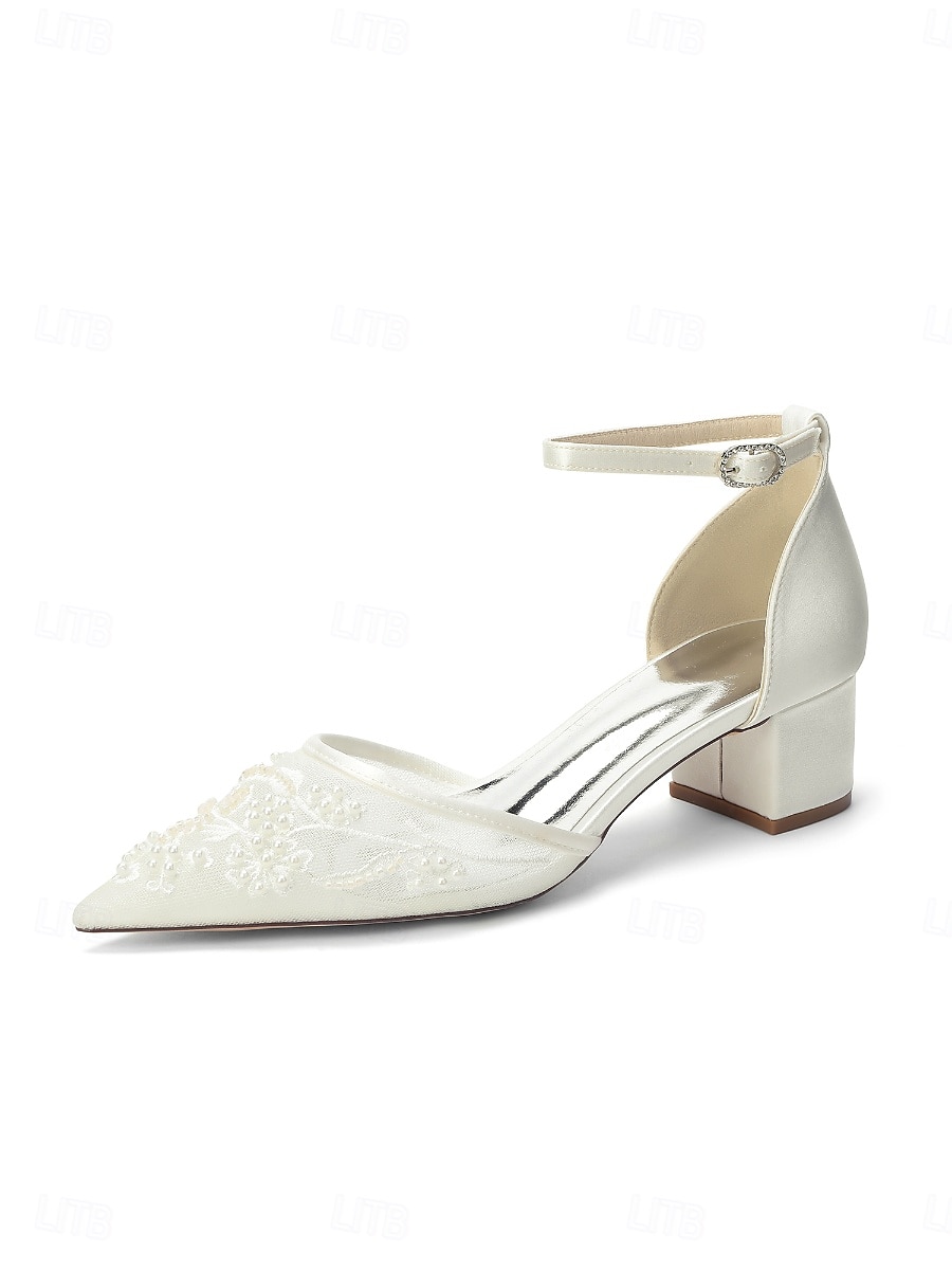 Zapatos de tacón de bloque azul marino para mujer con bordado de encaje y detalles de cuentas, elegantes zapatos para la madre de la novia para bodas en la ciudad, zapatos de tacón de punta para 2026 - $64.99 –P2