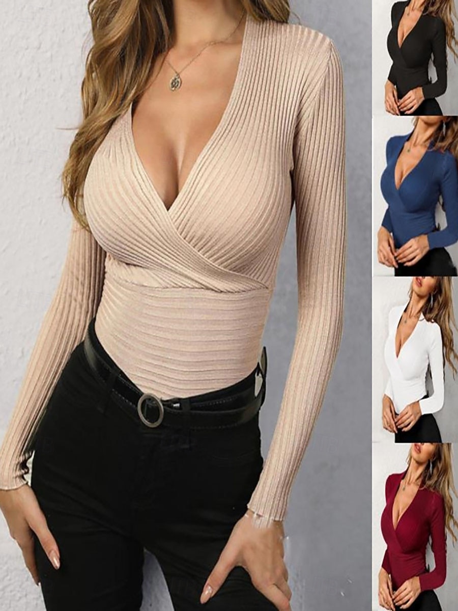 Per donna Maglietta Blusa Tinta unica Elegante Moda Sexy Manica Lunga Scollo a V Top Regolari Quotidiano Uscire Weekend Blu Nero Bianco Rosa Vino Primavera Autunno Inverno del 2026 a $18.49 –P1