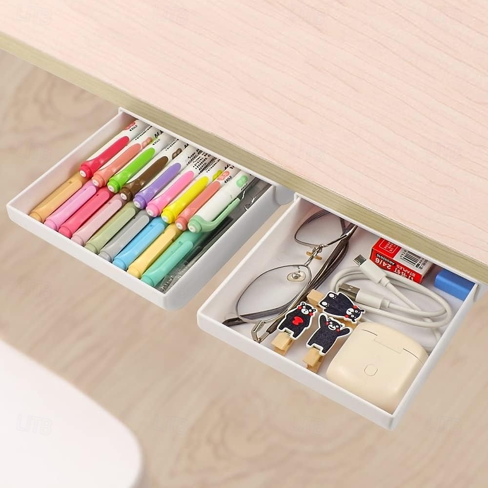 Organiseur de tiroir sous bureau, porte-crayons coulissant, fixation pour tiroir de bureau, accessoires de bureau en plastique &Organiseurs d'espace de travail, organiseur de bureau invisible de 2026 ? $9.99 –P1
