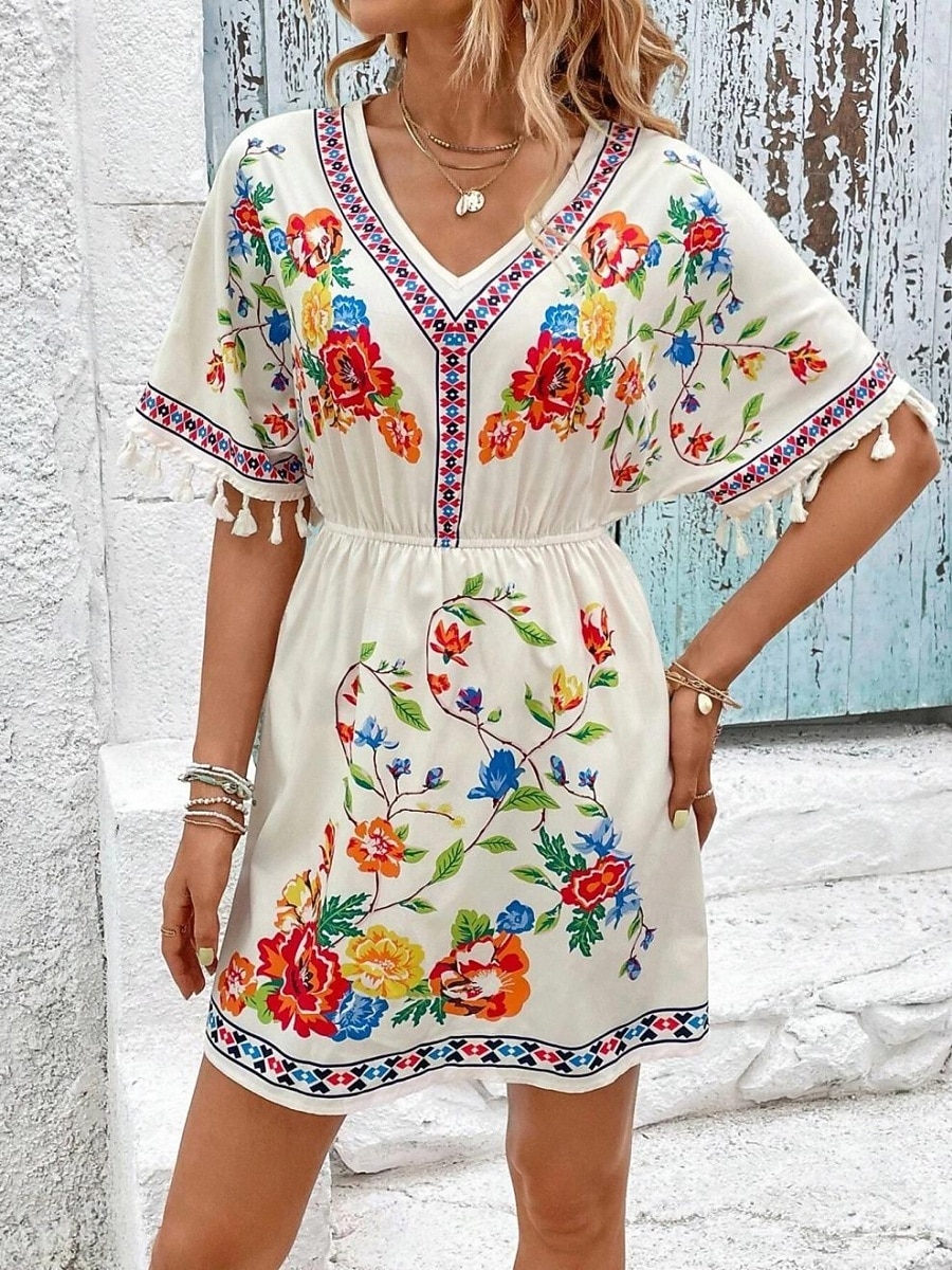 Dames Mini-jurk Boho-jurk Casual jurk Bloemetjesjurk Elegant Modieus Modern Buiten Vakantie Uitgaan Normale pasvorm Bloemig Korte mouw V-hals blauw Zwart Wit Zomer Lente 2026 - E£1924.54 –P4