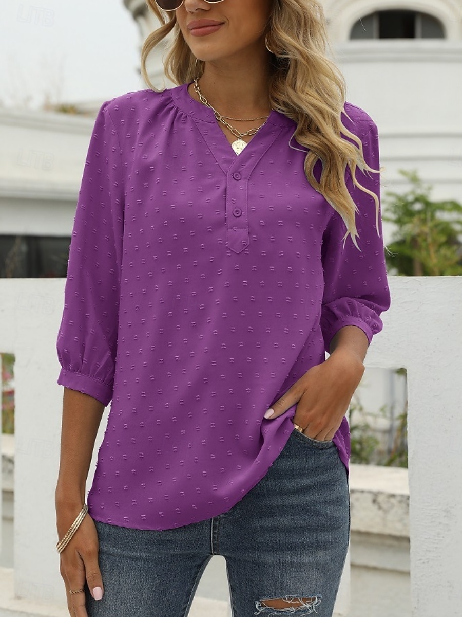 Mujer Blusa Botones Color sólido Elegante Casual Manga 3/4 Escote en Pico Tops regulares Diario Azul Piscina Verde salvia Negro Blanco Rosa Verano Primavera Otoño 2026 - $32.99 –P13