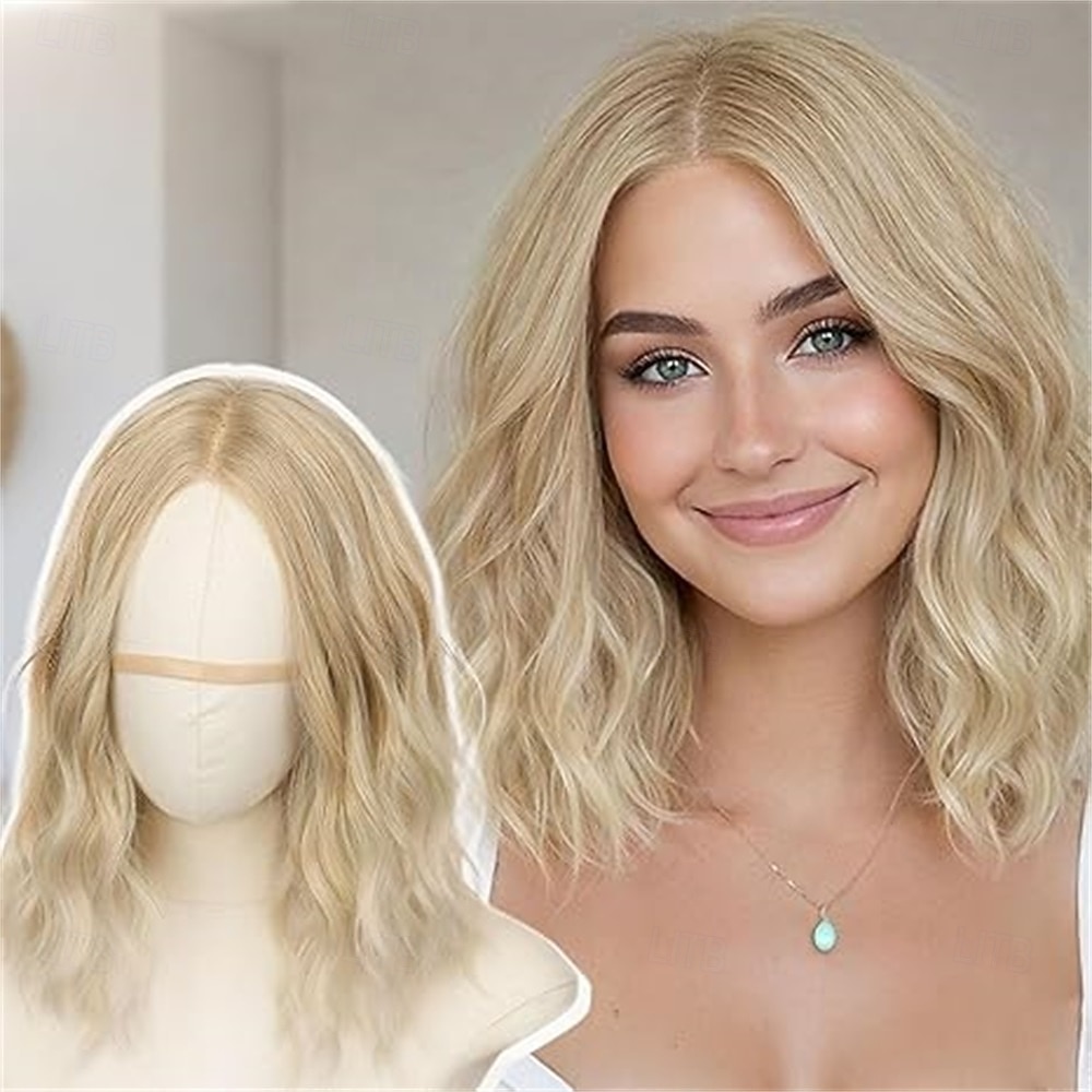 Peruca preta natural de 35 cm (14 polegadas) para mulheres - peruca ondulada na altura dos ombros com risca ao meio, corte bob ondulado natural em fibra sintética resistente ao calor, ideal para uso de 2026 por $31.99 –P2