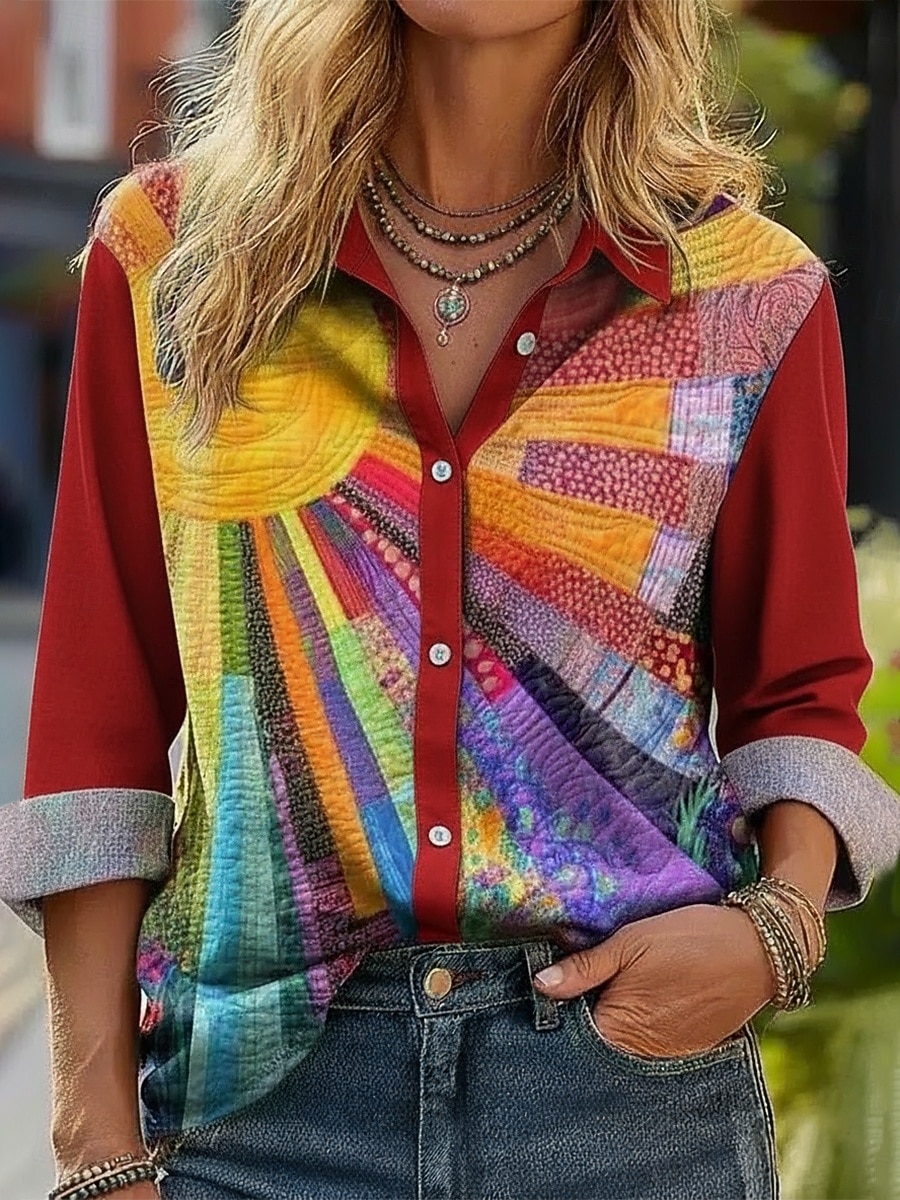 Mujer Camisa Lino de algodón sintético Botones Estampado Sol Pintada Bohemia Activo Casual Manga Larga Cuello Camisero Tops regulares Diario Festivos Arco Iris Primavera Otoño 2026 - $27.99 –P1
