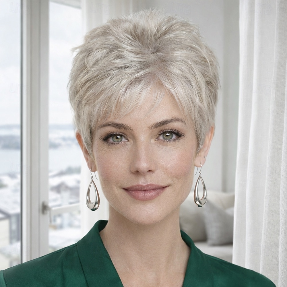 parrucca corta argentata chic da donna, con frangia spettinata e soffice del 2026 a $30.99 –P1