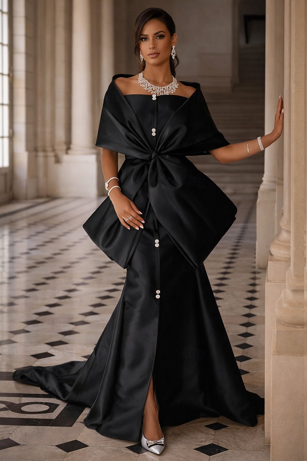 trumpet mermaid off the shoulder sweep train satin prom dress Missacc Navy Blue Prom Dresses Trumpet/Mermaid Off-The-Shoulder 1/2 Sleeves Sweep Train Crepe Satin Prom Dresses