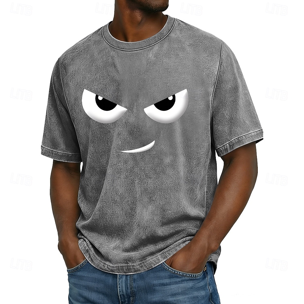 Herren-T-Shirt mit wütendem Grinsen, grimmigen Cartoon-Augen, Acid-Wash-Look, Vintage-Streetwear-Design, Kurzarm, Rundhalsausschnitt, lässige Alltagskleidung, Designer-Bekleidung, Größen: S, M, L, XL, 2026 - $21.99 –P1