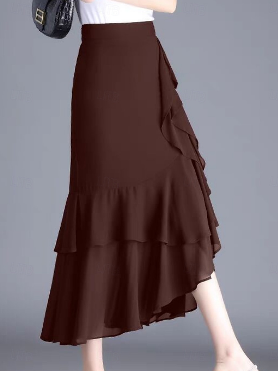 Mujer Falda de vacaciones Elegante Moda Casual Midi Alta cintura Faldas Plano Rizado Microelástico Diario Calle Negro Rojo Morado Café Verano 2026 - $43.99 –P4