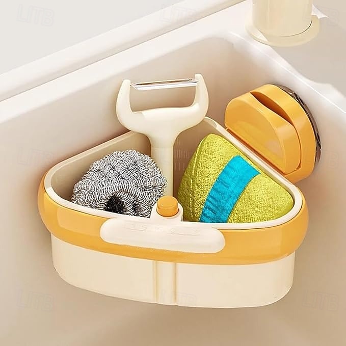 2 db-os tapadókorongos mosogató saroktartó, préselt mosogató szűrőkosár, automatikus ürítésű csepegtetőkosár, csapszivacs tartó, kivehető konyhai mosogató tárolórendszerező 2026 - $22.99 –P11