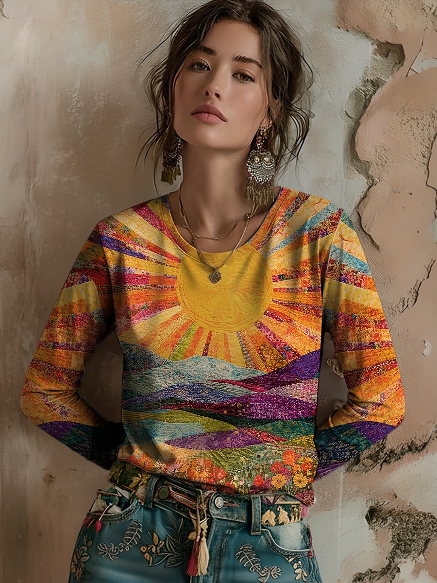 Maglietta da donna in stile vichingo, stampa floreale, grafica, bohémien, vintage, casual, manica lunga, girocollo, normale, da indossare tutti i giorni, weekend e vacanze, arancione, estate, del 2026 a $24.99 –P1