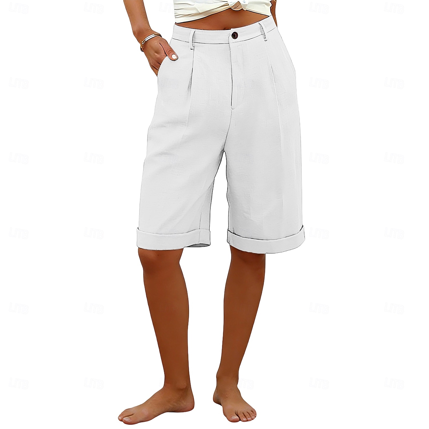 Dame Capri-bukser Shorts Lin Shorts Dress Shorts Ferie Mote Grunnleggende Knelengde Middels midje عادي Lomme Elastisk midje Rett ben Lettvekt Bekvem Pustende Uelastisk Daglig Gate Ferie Svart Hvit 2026 - $22.99 –P5