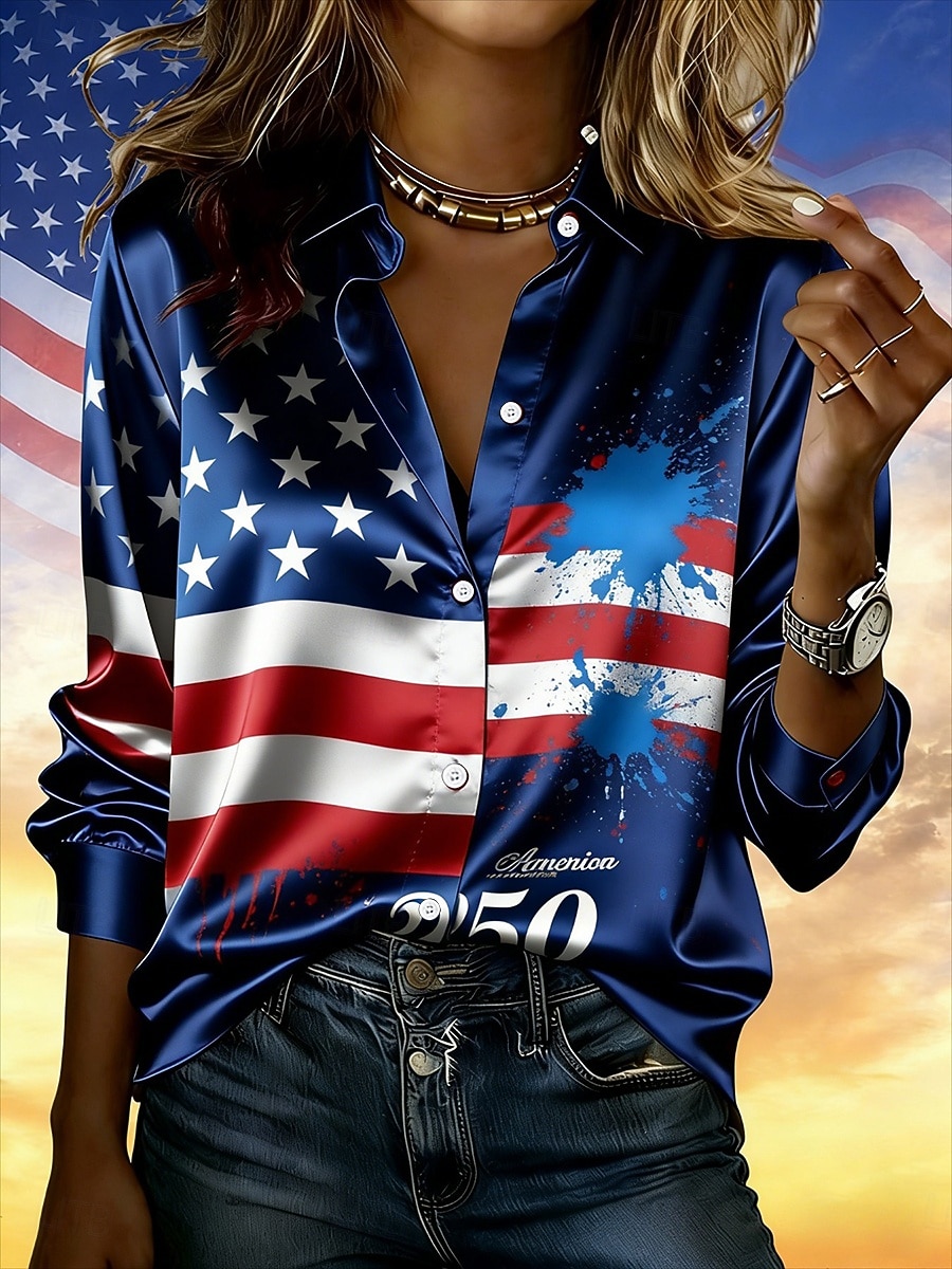 Amerikansk uavhengighetsdag Dame Skjorte Knapper Trykt mønster Grafisk Amerikansk flagg Årgang Stilfull Moderne Langermet Skjortekrage Vanlige topper Daglig Arbeid Blå Hvit Rød Sommer Vår 2026 - $41.99 –P2