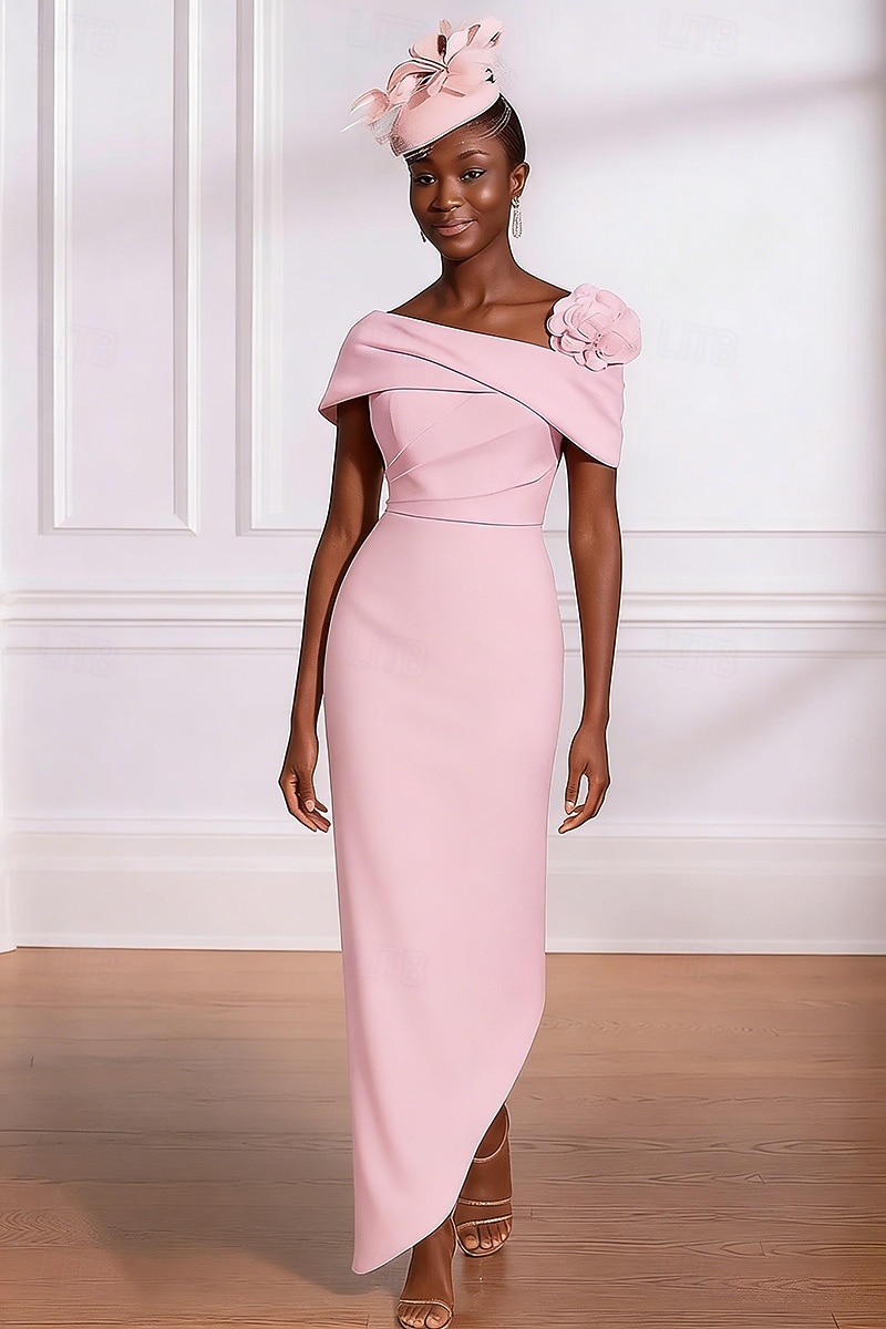 Corte A Vestido Midi Vestido Invitada Boda Vestido formal Vestido de noche Vestido de Madrina Sin Mangas Hombros Caídos Elegante Sencillo Formal estiramiento de gasa con Plisado Flor 2026 - $195.99 –P4