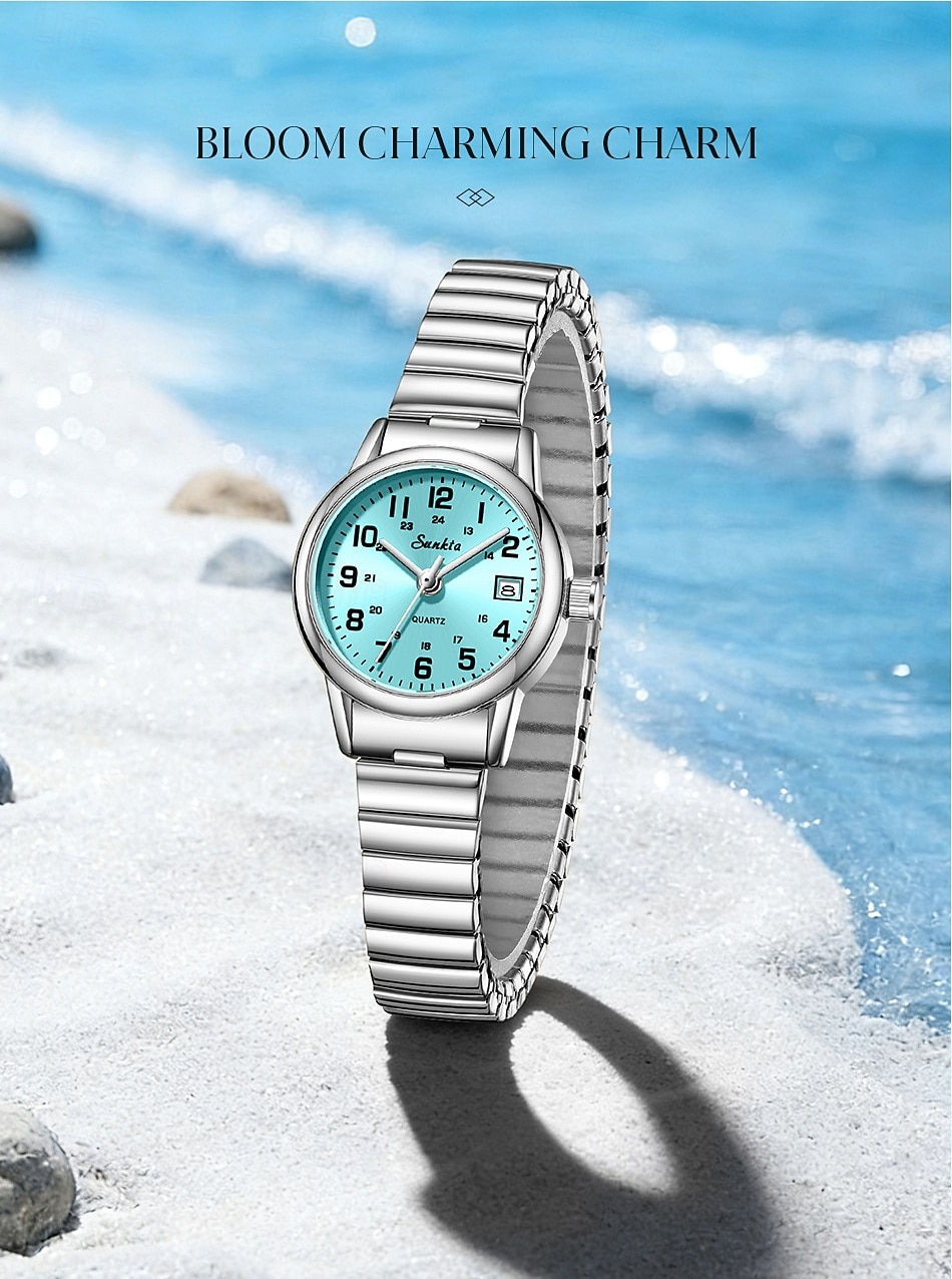 Montre femme facile à lire, à quartz, avec bracelet extensible en acier inoxydable, cadran bleu turquoise avec affichage de la date, étanche, élégante et décontractée, idéale comme cadeau pour femme de 2026 ? $18.99 –P6