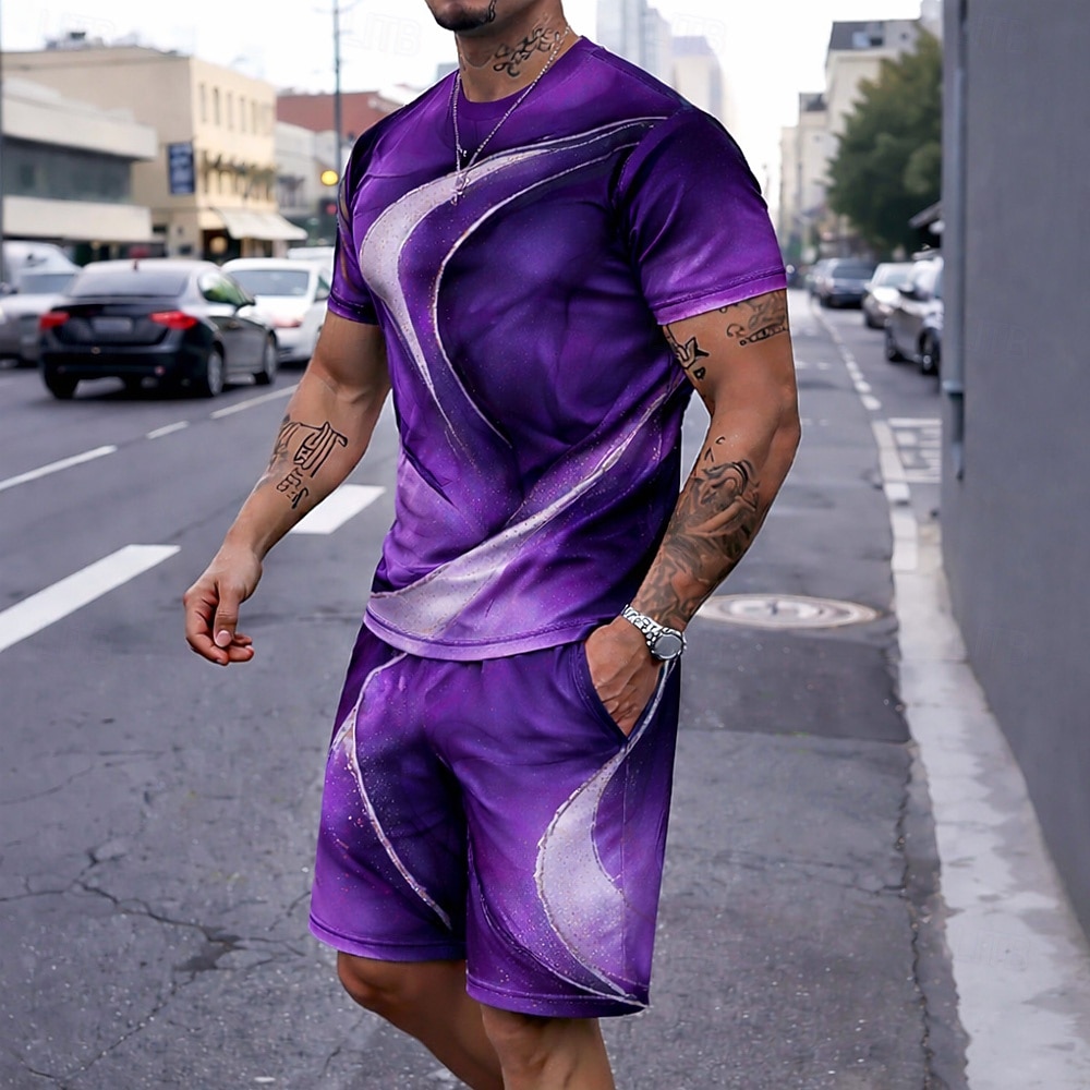 Men's Geometic Line 2pcs Tees sets Summer Tops Short Sleeve Short Pants Crew Neck Casual Trendy Daily Vacation 3D Print Summer Blue Purple Green 2026 - $28.99 –P2
