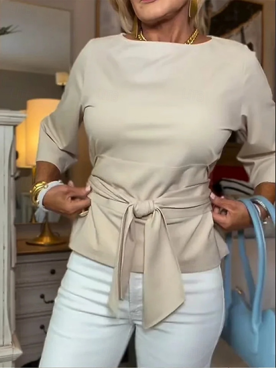 Dames Blouse strik voorkant Effen Kleur Stijlvol Casual Lange mouw Boothals Normale tops Dagelijks blauw Zwart Oranje Licht Blauw Lente Herfst 2026 - $25.99 –P3