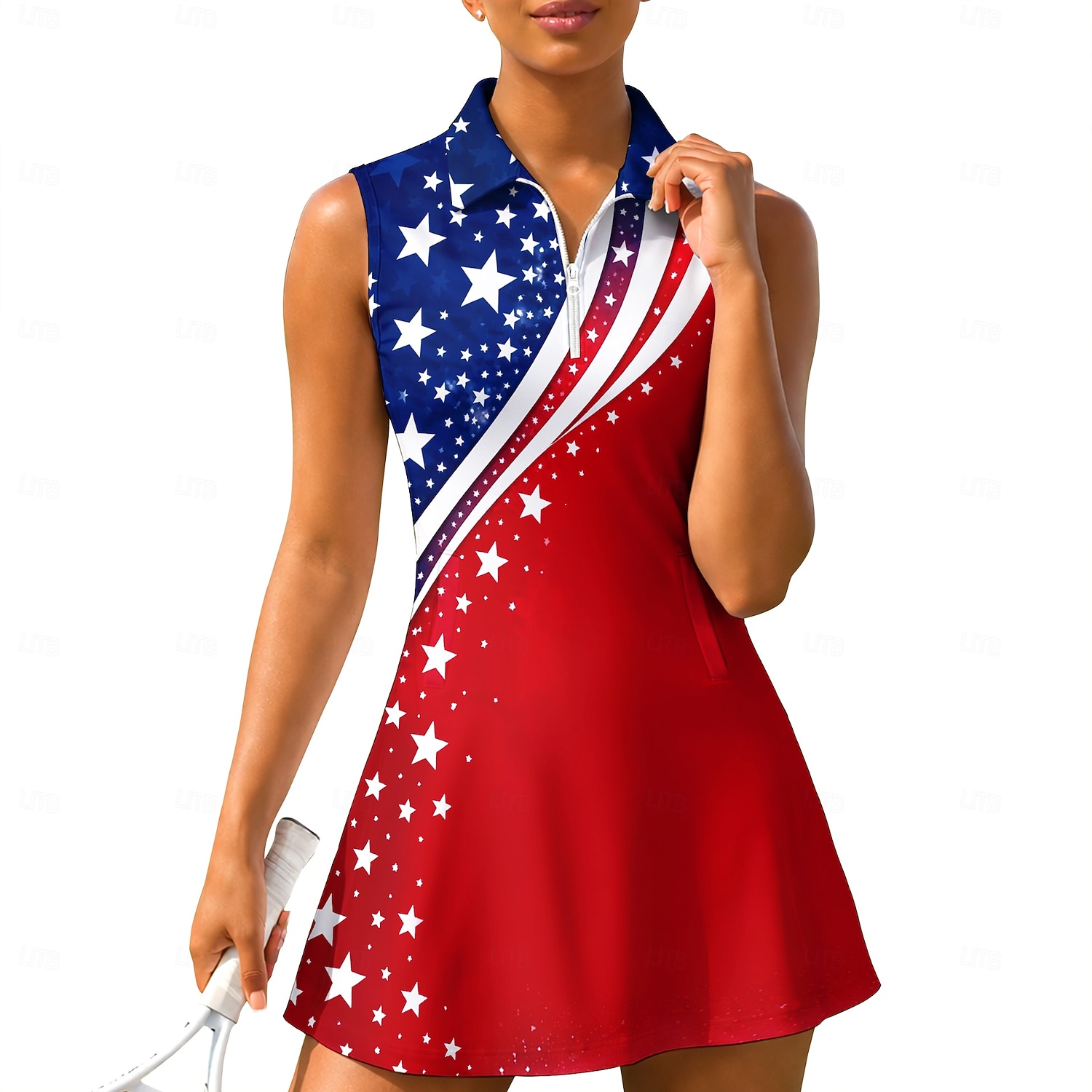 Amerikas 250. Jahrestag Tag der Unabhängigkeit Damen Geometrisch Nationalflagge Tenniskleid Sportkleid Ärmellos Druck Atmungsaktiv Tennis Golfspiel Badminton Polokragen Reißverschlusskragen Kleid Rot 2026 - $27.99 –P1