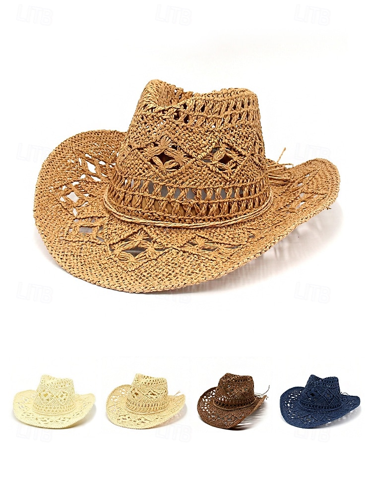 Ανδρικό ψάθινο καουμπόικο καπέλο western σε πολλά χρώματα, υφαντό καλοκαιρινό καπέλο ηλίου για διακοπές στην παραλία, ρούχα western στυλ, ρούχα σε θέρετρα και καλοκαιρινά πάρτι 2026 - $42.99 –P4