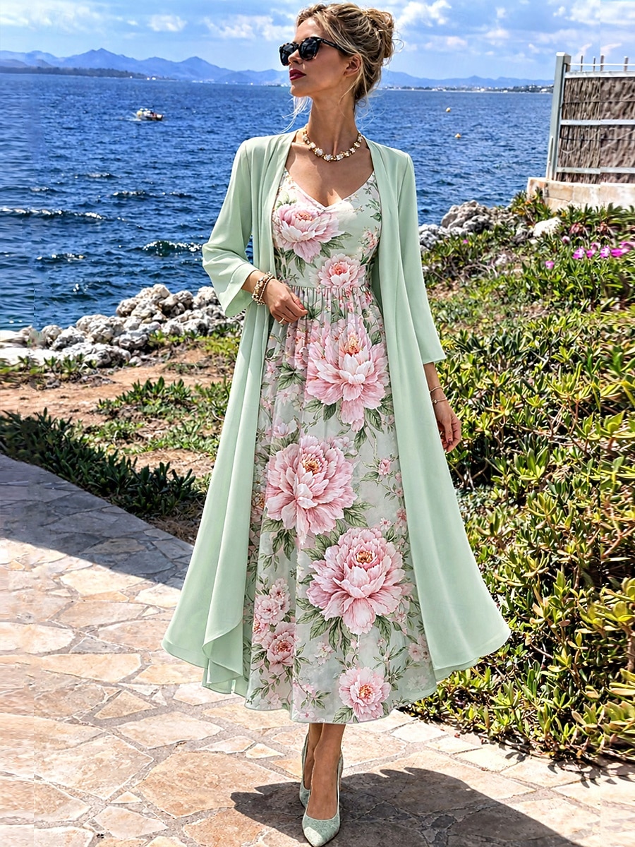Femmes Robe Ensemble Robe trapèze Élégant Vacances Fleuri Graphique Superposé Imprimé Robe Midi Manche 3/4 Col en V Quotidien Vacances Bleu Vert Claire Rose Claire Été Printemps Coupe régulière de 2026 ? $51.99 –P5