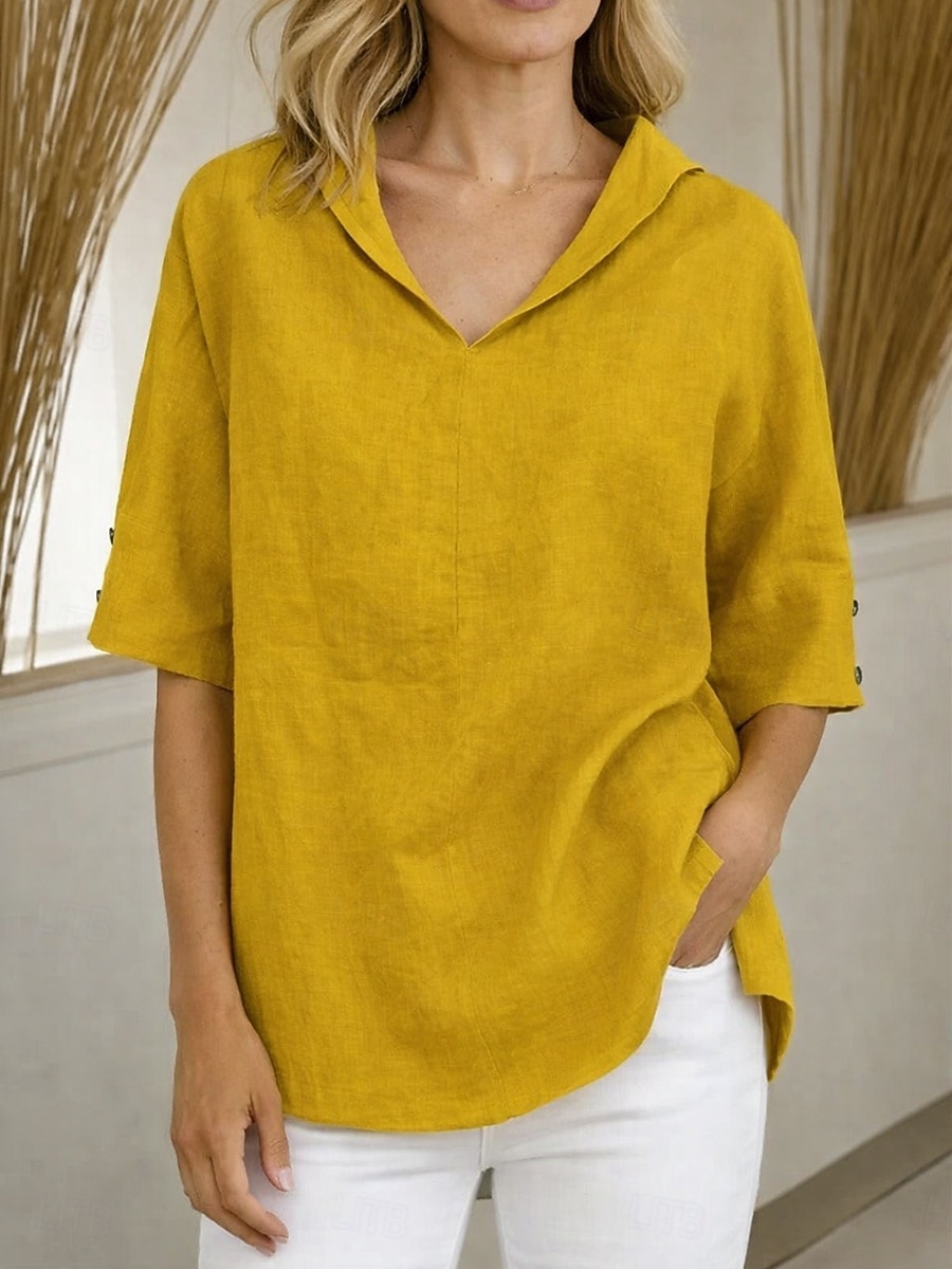 Damen Bluse Hemd aus Leinenimitat Einfach Stilvoll Lässig Dreiviertelarm V Ausschnitt Normale Oberteile Täglich Blau Schwarz Weiß Gelb Orange Sommer Frühling Herbst 2026 - $19.99 –P4
