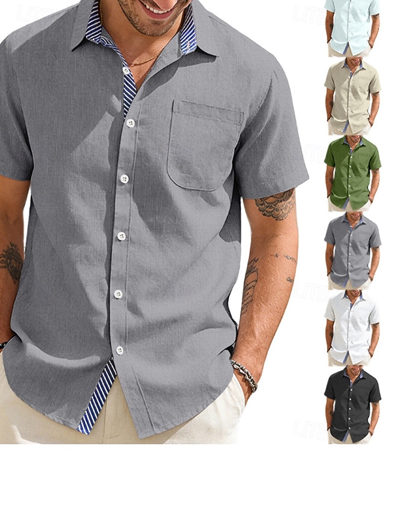 Hombre Camisa Camisa de lino Abotonar la camisa Plano Vacaciones Calle Negro Blanco Caqui Gris Oscuro Manga Corta Cuello Camisero Verano Primavera Ropa Bolsillo 2026 - $25.99 –P1