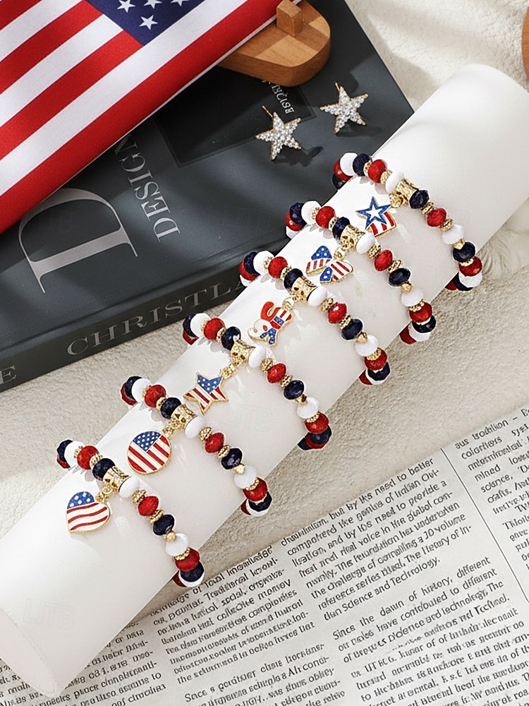 Women's Alloy & Acrylic Patriotic Charm Bracelet, Stretch Beaded Bracelet in Multi Pendant Styles for America 250th Celebration, Independence Day and Daily Casual Wear 2026 - $7.99 –P5