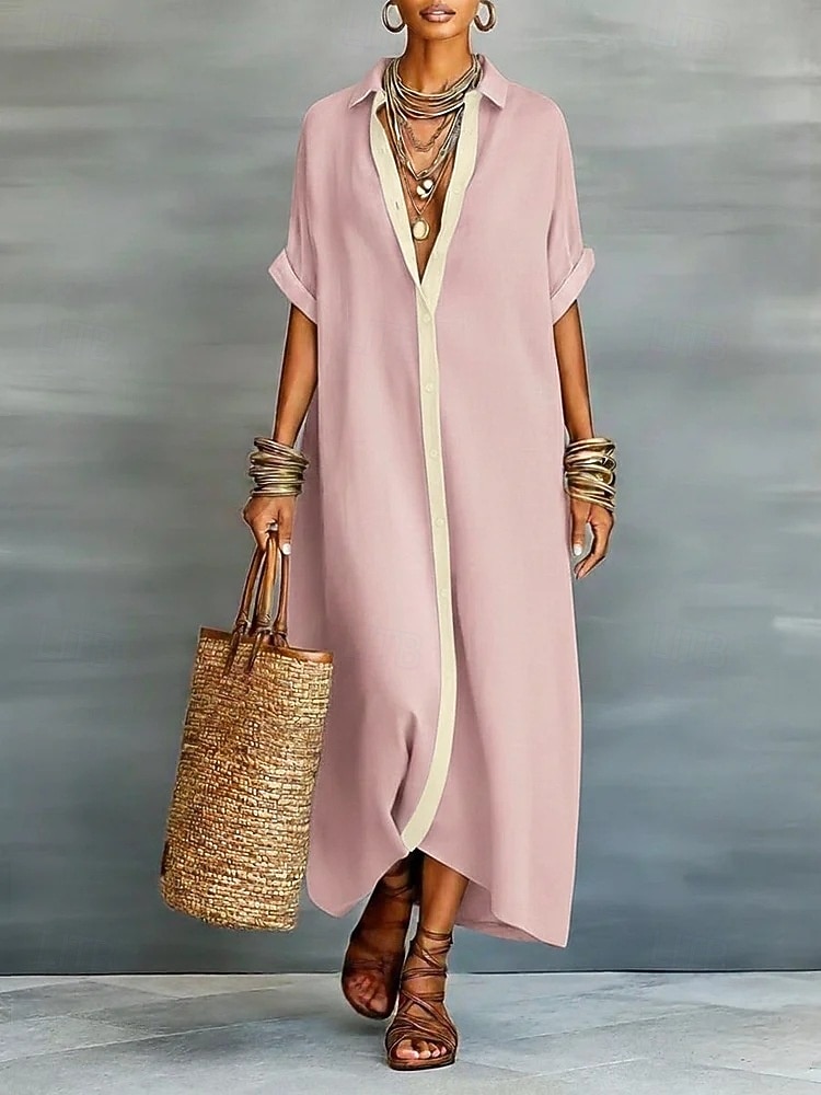 Damen Maxikleid Hemdblusenkleid Elegant Lässig Party Lässiger Schnitt Einfach Kurzarm Hemdkragen Blau Schwarz Rosa Grün Sommer Frühling 2026 - $41.99 –P3