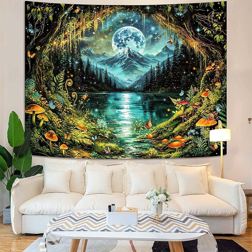 magico cielo notturno luna paesaggio montano arazzo fungo luminoso farfalla foresta lago decorazione murale psichedelica fantasy casa camera da letto soggiorno sfondo del 2026 a $20.99 –P3