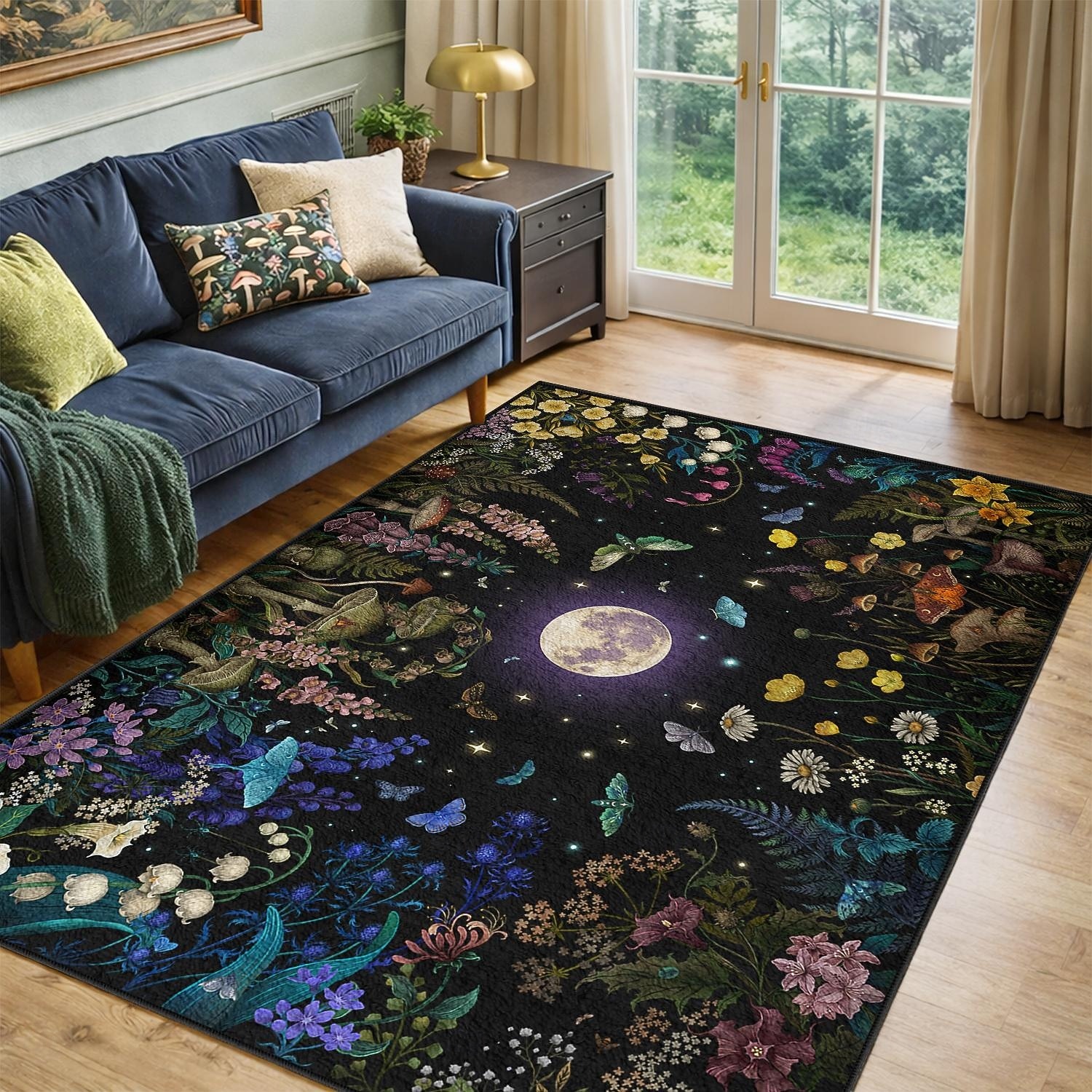2026年 満月と花柄、キノコをモチーフにしたエリアラグ。植物と神秘的な庭園のデザインが特徴で、エレガントで耐久性のある装飾品として、episodic drawing が制作しました。  コレクション – $35.99 –P5