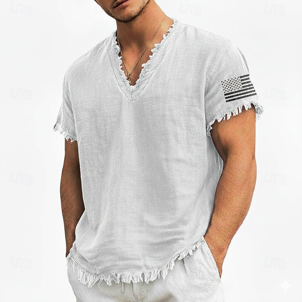 Men's American Flag Sleeve Printed Linen Cotton Blend V-Neck T-Shirt Raw Edge Summer USA Patriotic Beach Tee Frayed Soft Fashion Designer Top S-3XL 2026 - $24.99 –P5
