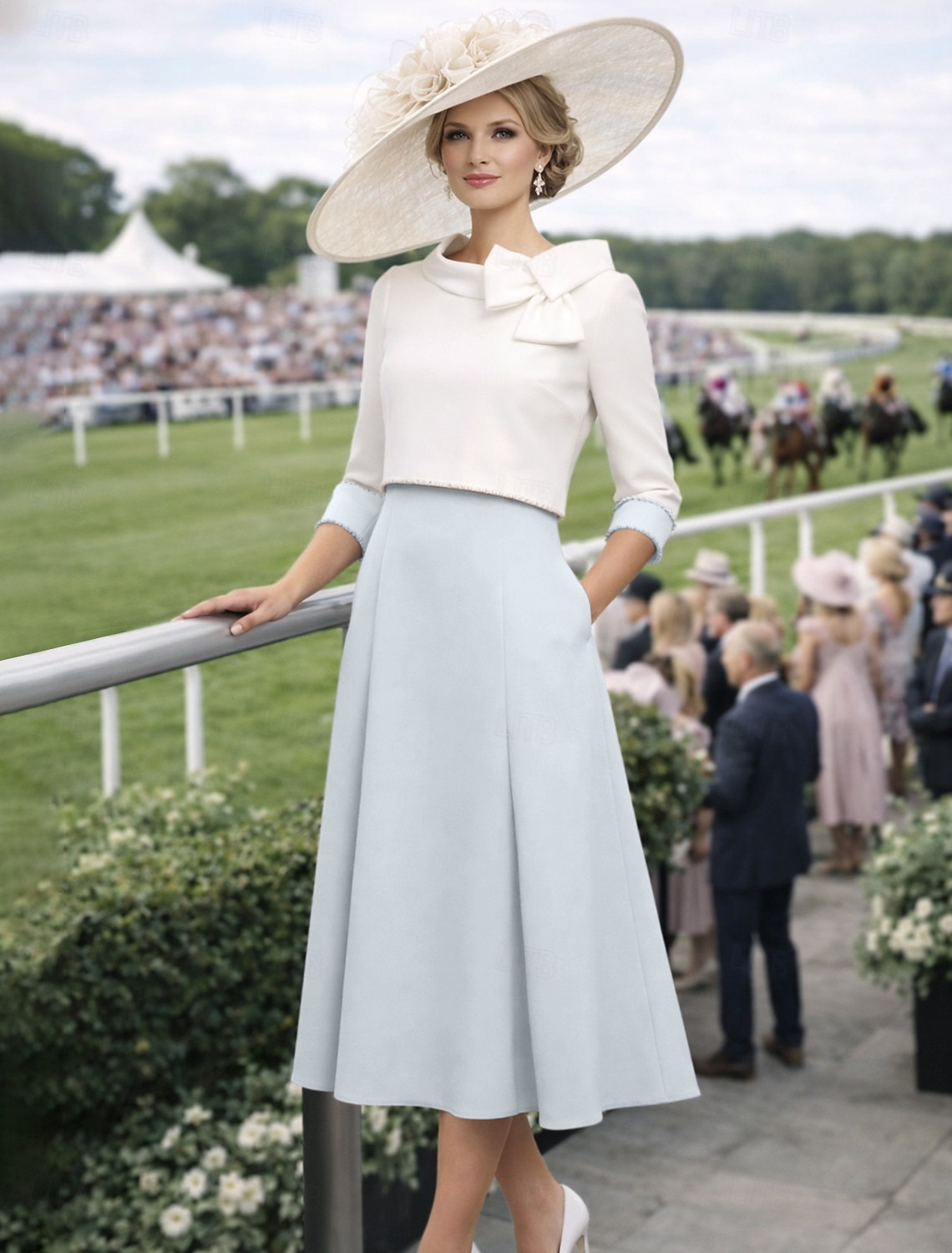 Deux Pièces Longueur cheville Robe d'invité de mariage Robe de Mère de Mariée  Manche 3/4 Bijoux Élégant robe demoiselle d honneur Église Satin Extensible Jupes à veste courte avec Noeud(s) de 2026 ? $172.99 –P5