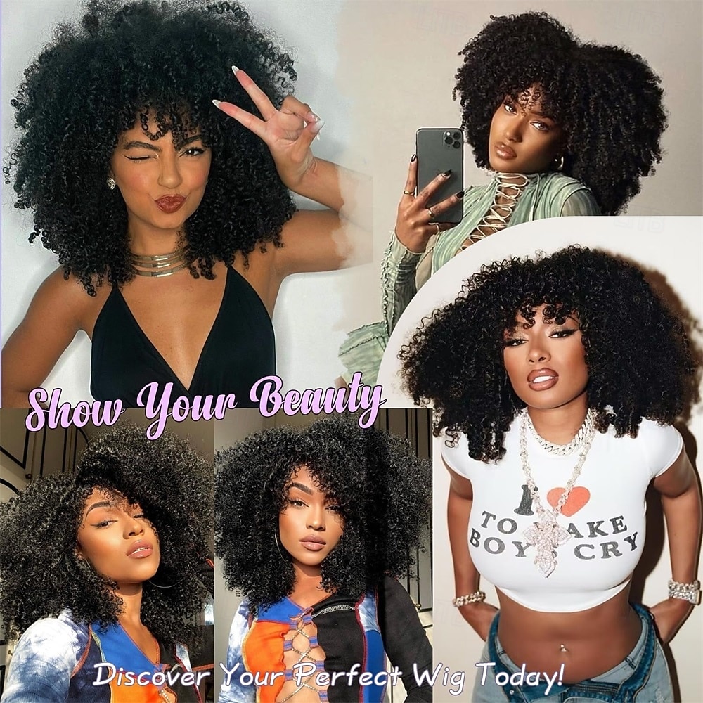 Кудрявые афро-парики для чернокожих женщин, афро-парик с челкой, без клея, пышный и объемный, как бомба, подходит для повседневной носки и работы, черный цвет 2026 - $30.99 –P7