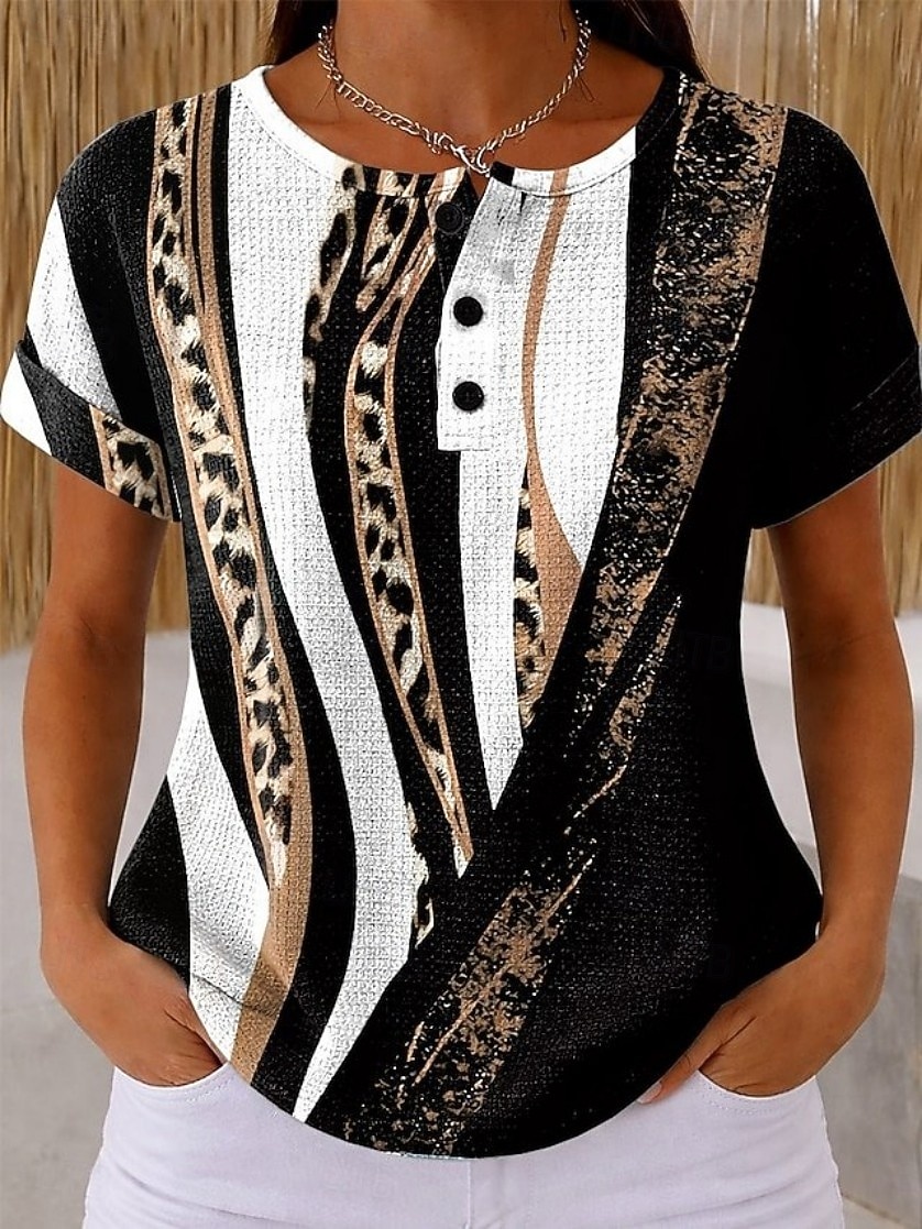Camisetas de punto texturizado de waffle para mujer camiseta de botones en la parte delantera gráfico de ombre geometría elegante clásica de manga corta cuello redondo henley camisetas largas 2026 - $21.99 –P1