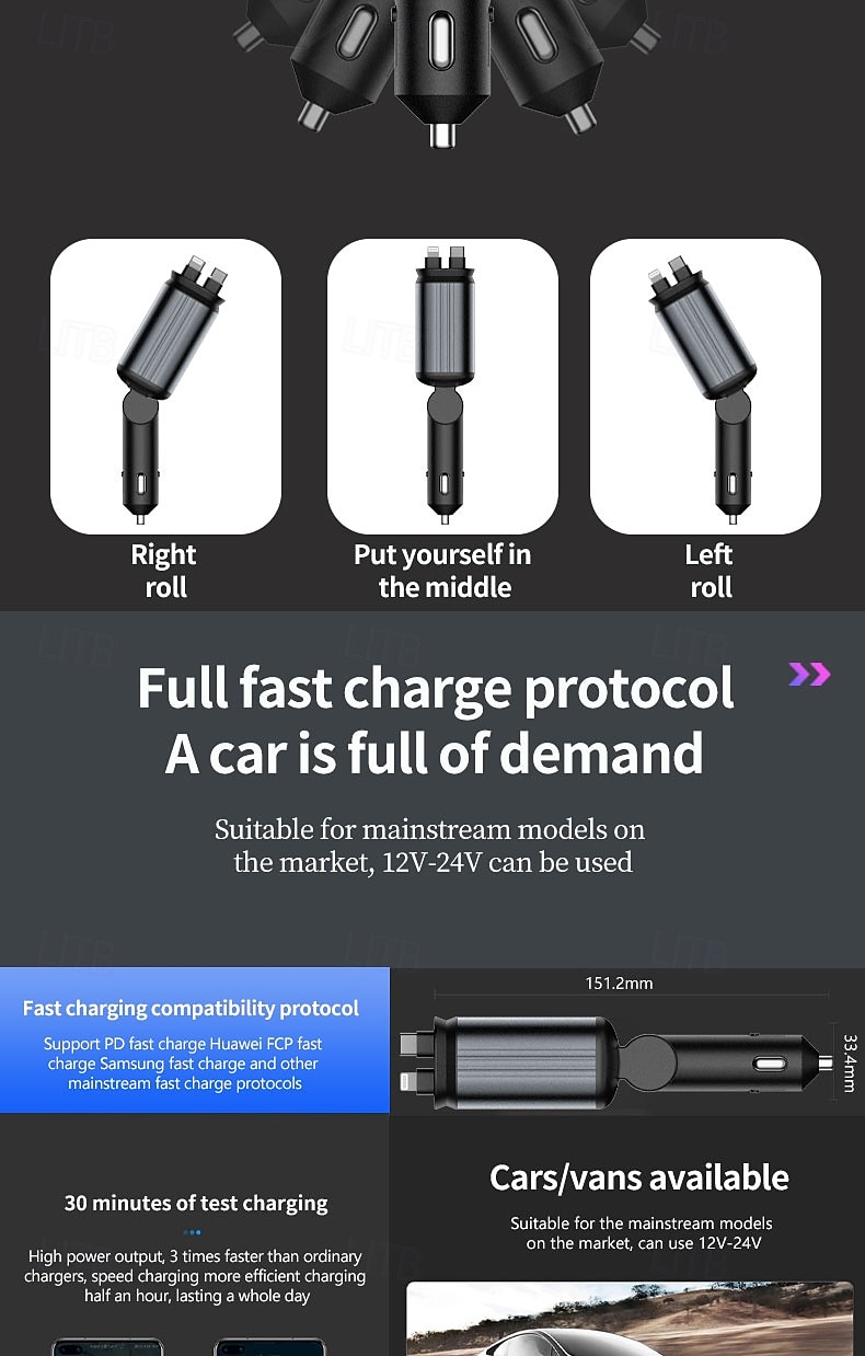 Cargador rápido para coche 5 en 1 de 180 W, adaptador de corriente USB tipo C, cargador de teléfono retráctil con luz de techo tipo estrella para teléfonos iOS y Android. 2026 - $24.99 –P8