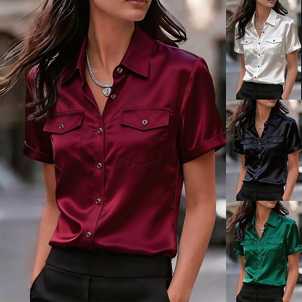 Dame Skjorte Sateng skjorte Dresskjorter Skjorte med knapper Lomme Knapper Helfarge عادي Elegant Mote Klassisk Kortermet Aftæpning Vanlige topper Daglig Kontor Arbeid Svart Hvit Vin Grønn Sommer Vår 2026 - $27.99 –P1
