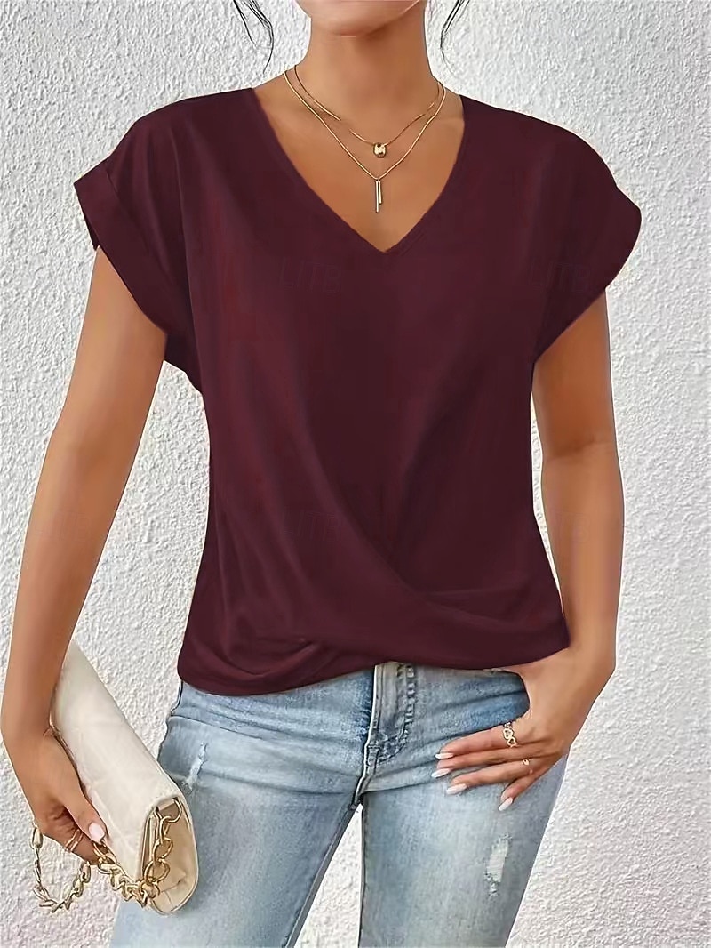 Per donna Maglietta Arricciato Semplice Moda Elegante Classico Manica Corta Scollo a V Top Regolari Quotidiano Uscire Weekend Blu Nero Bianco Vino Rosso Estate Primavera del 2026 a $19.99 –P8